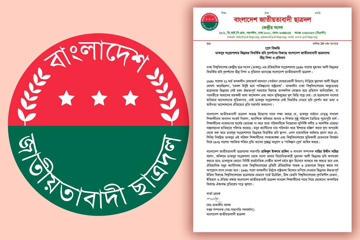 ডাকসু সংগ্রহশালায় জিন্নাহর বিতর্কিত ছবি প্রদর্শনের প্রতিবাদ ছাত্রদলের